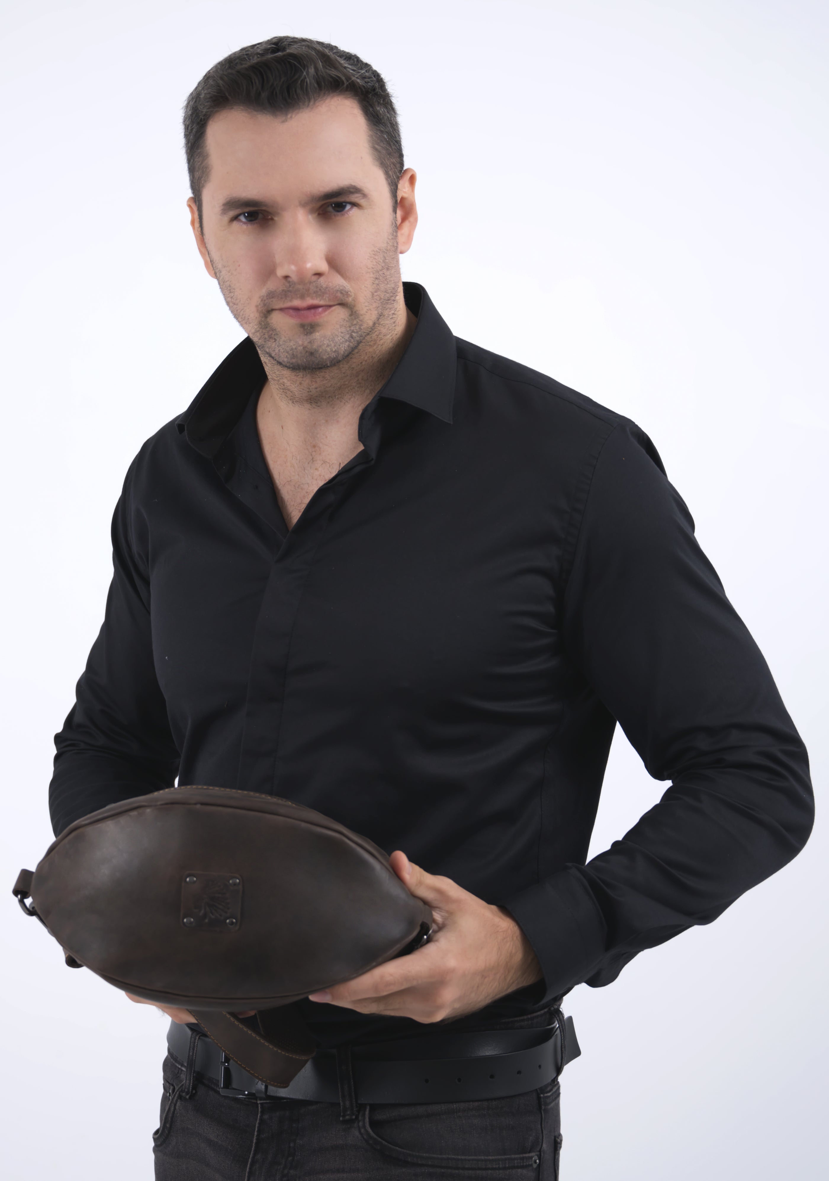 Geanta borseta barbati piele naturala gri inchis Ashwin