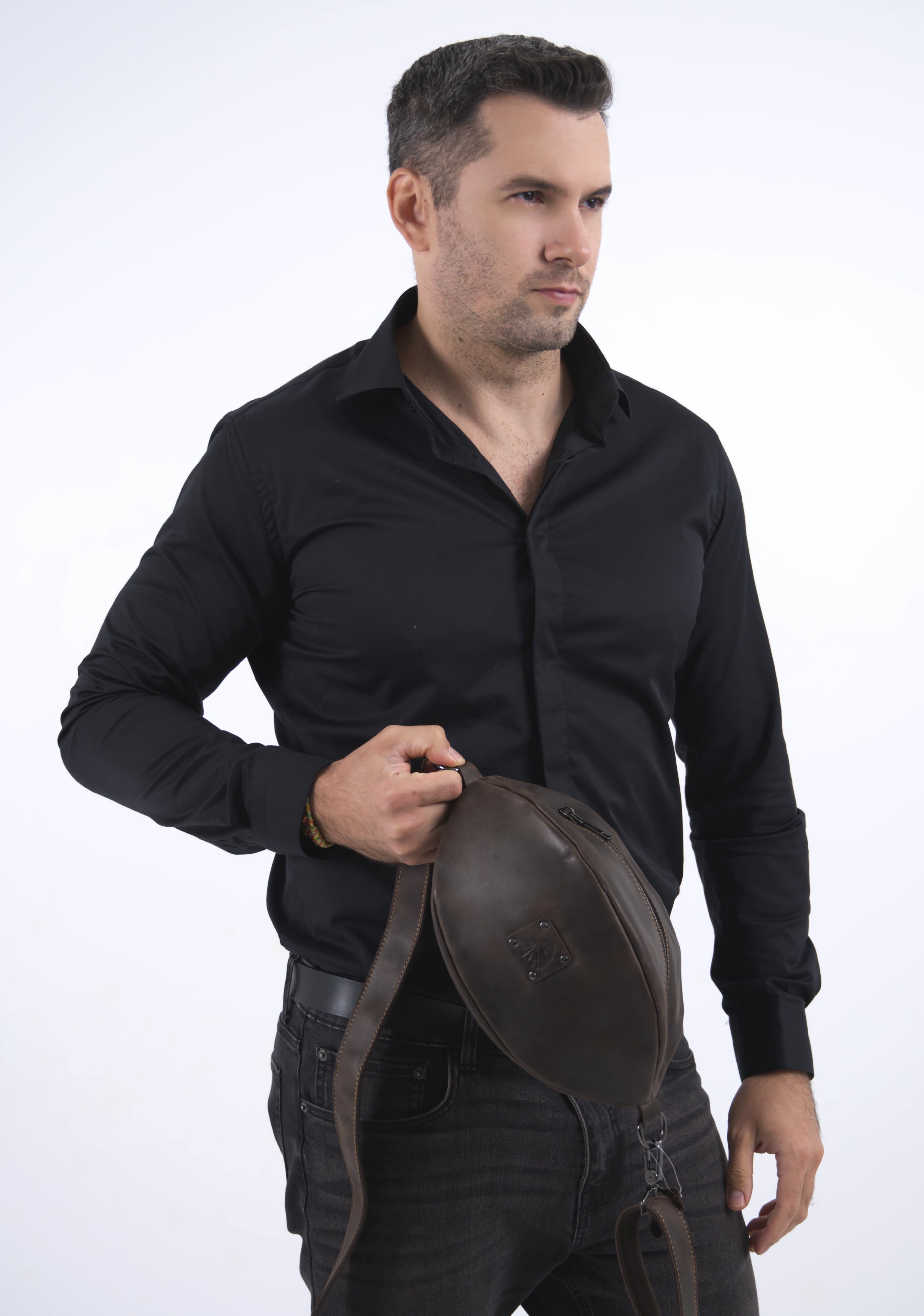 Geanta borseta barbati piele naturala gri inchis Ashwin